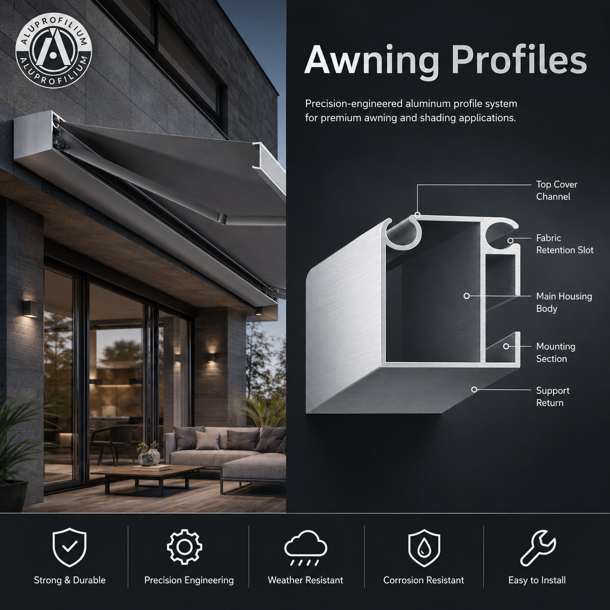 Awning aluminium profiles used in an outdoor facade shading application