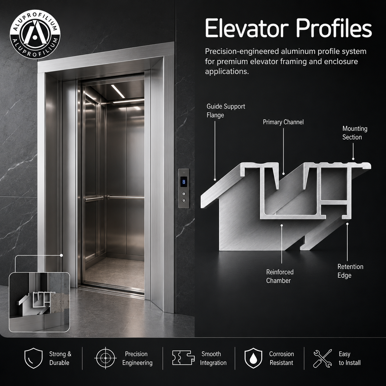 Elevator aluminium profiles used in a cabin or door frame application