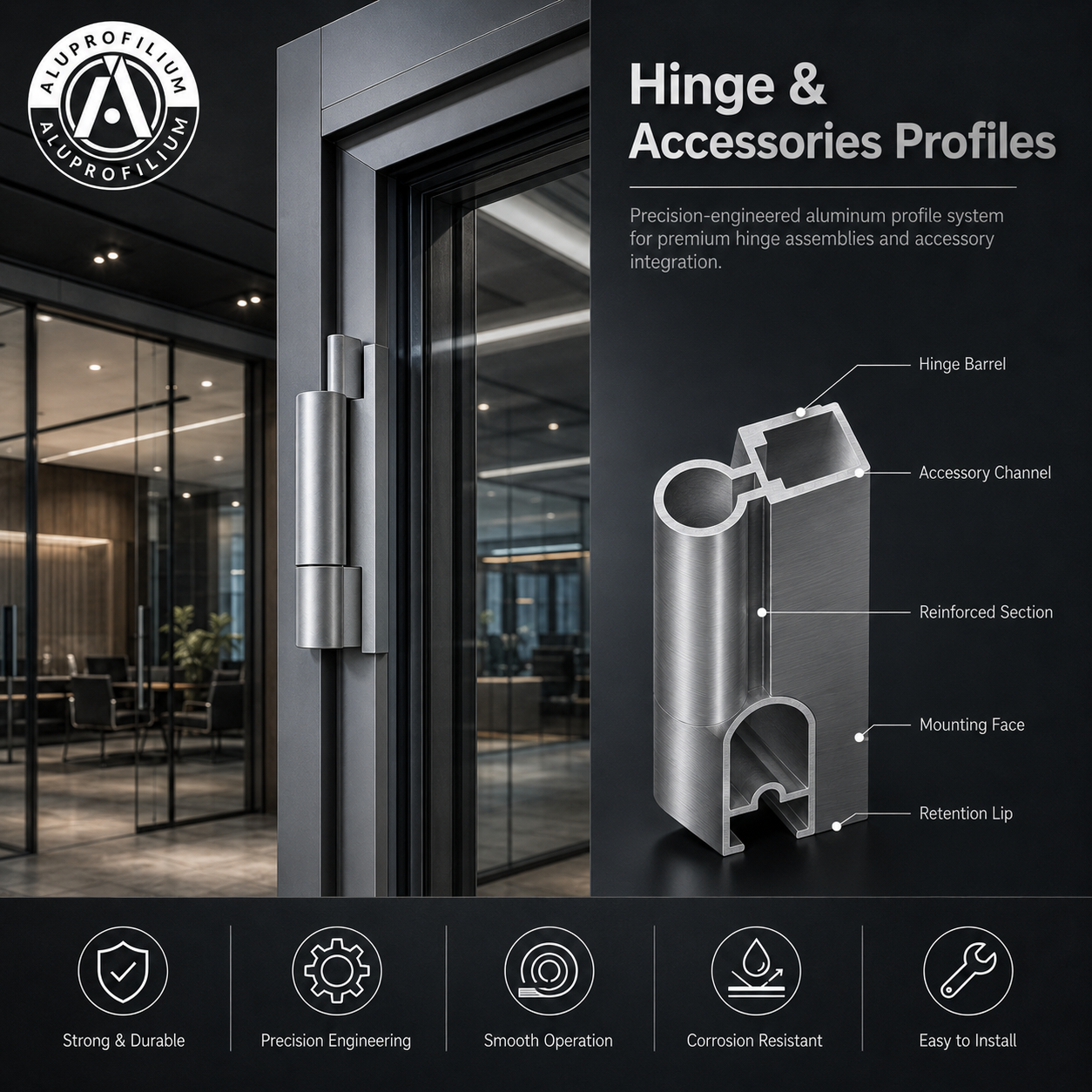 Hinge and accessory aluminium profiles used in a system assembly application