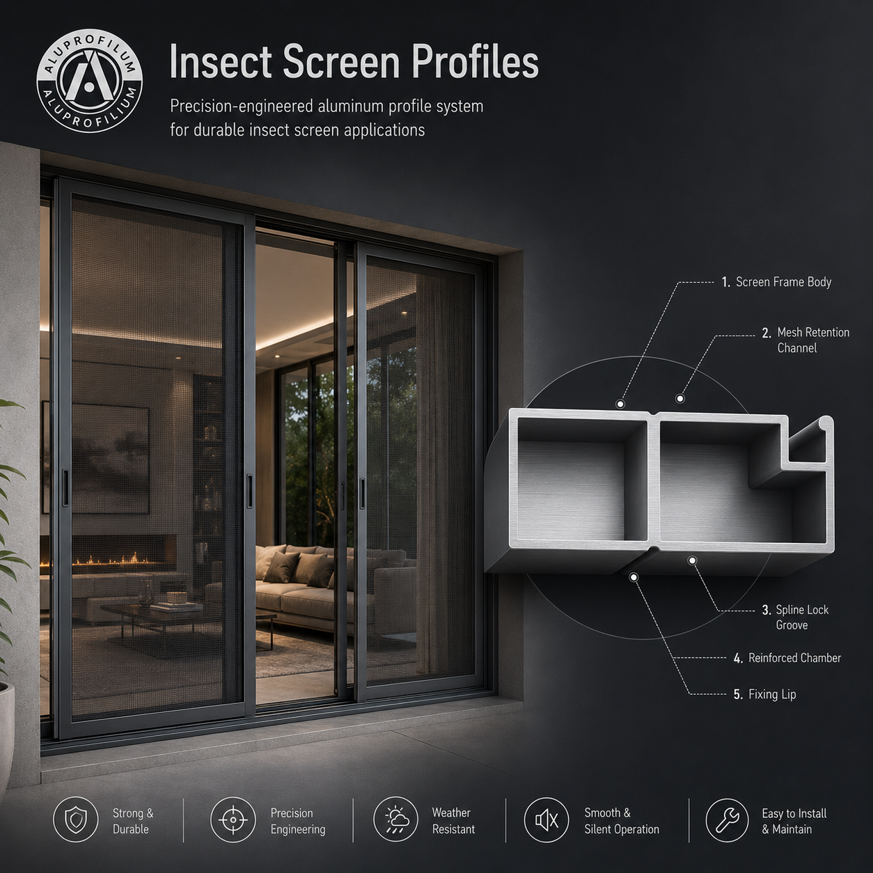 Insect screen aluminium profiles used in a window or door screen application