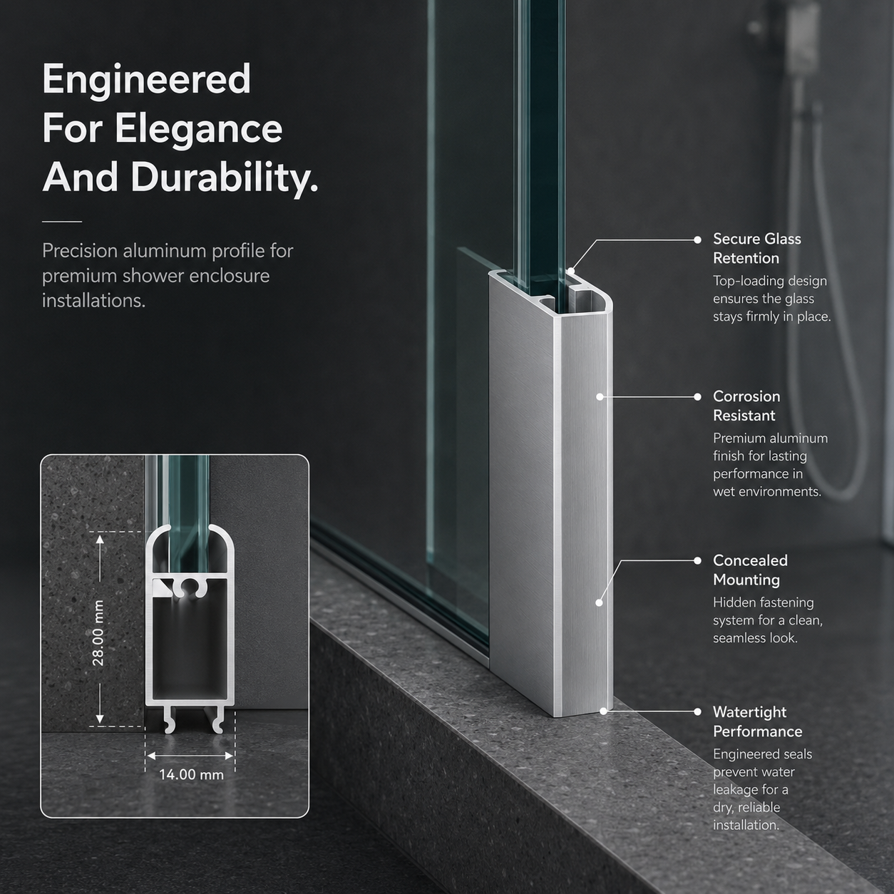 Shower enclosure aluminium profiles used in a bathroom glass application