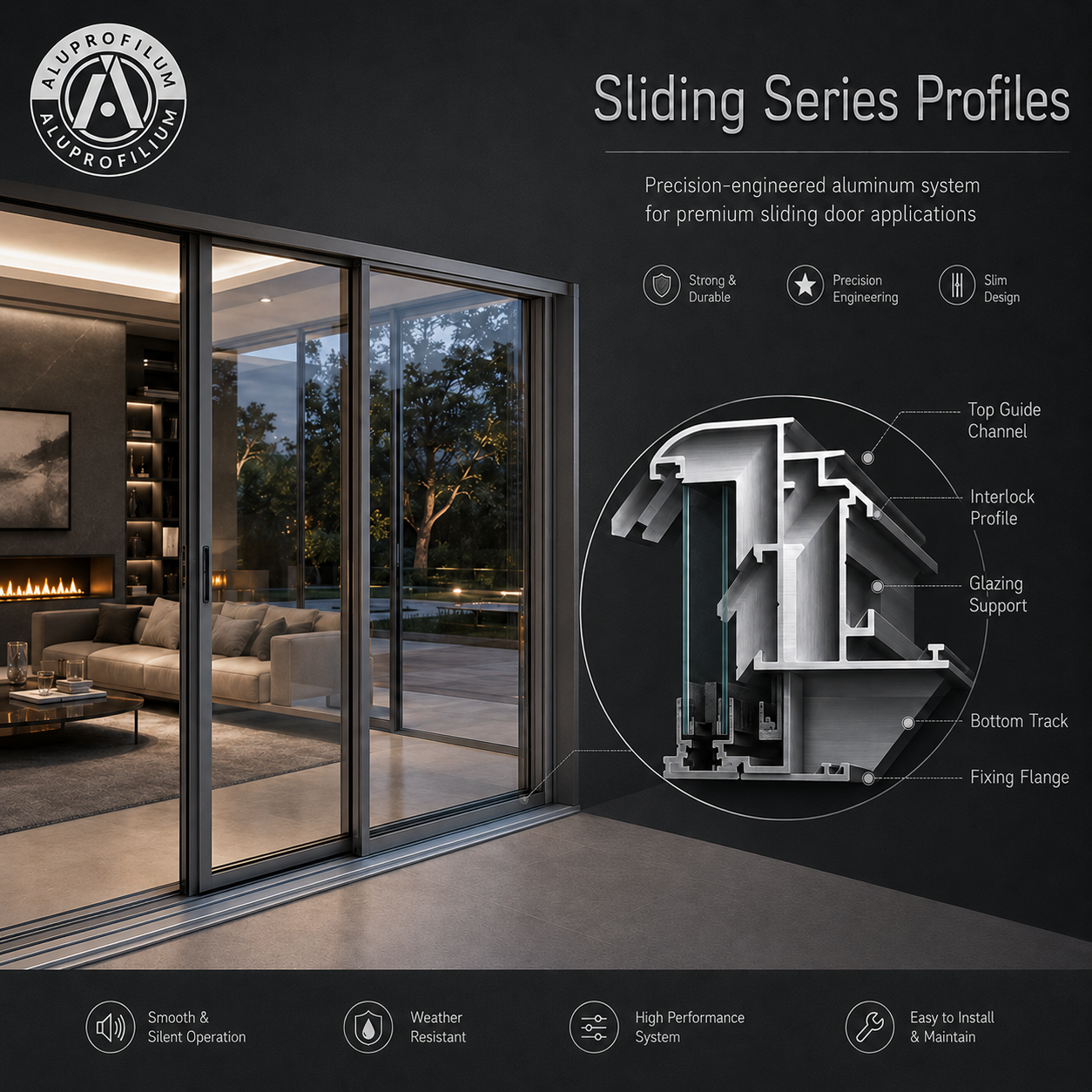 Sliding system aluminium profiles used in a door or partition application