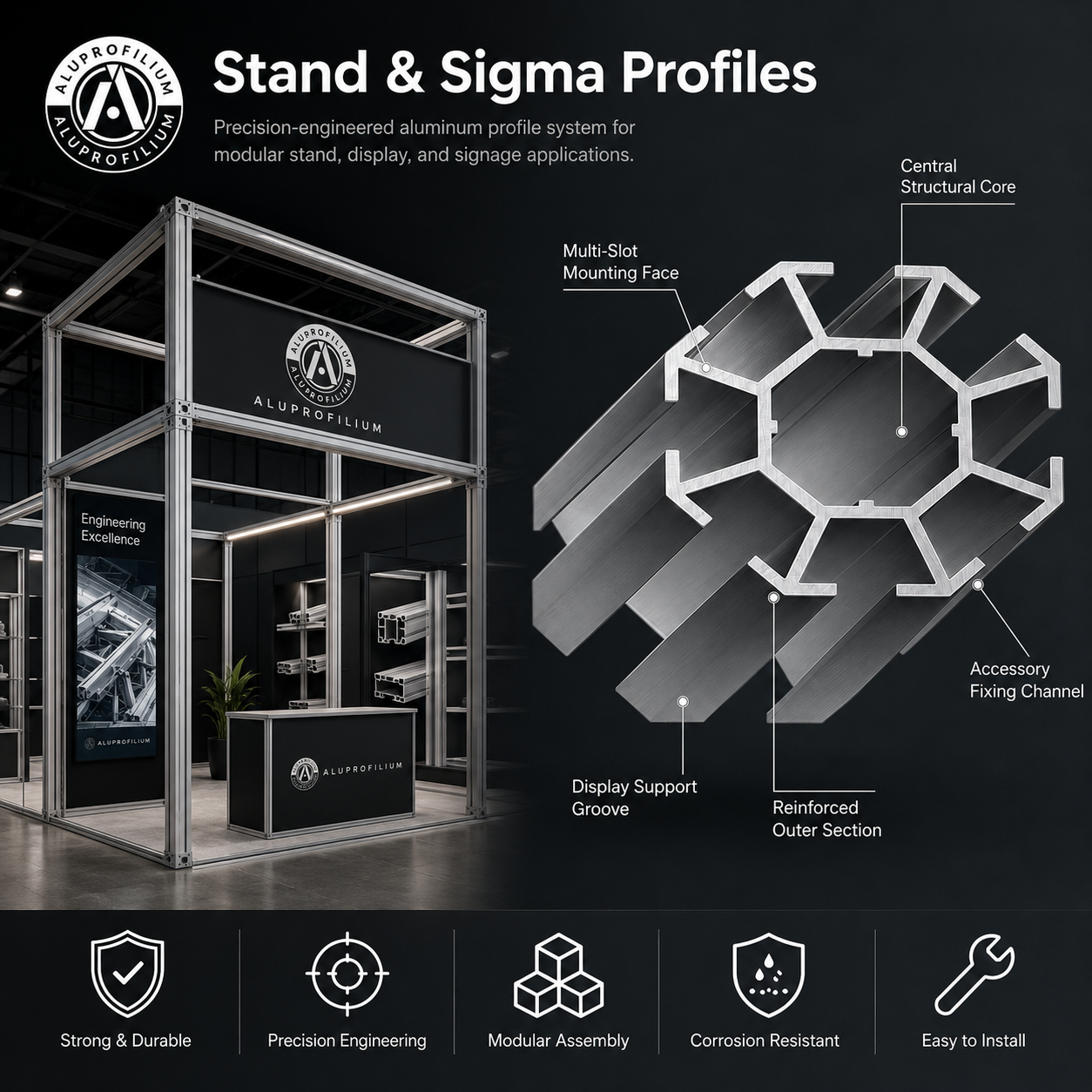 Stand and sigma aluminium profiles used in a modular structure application