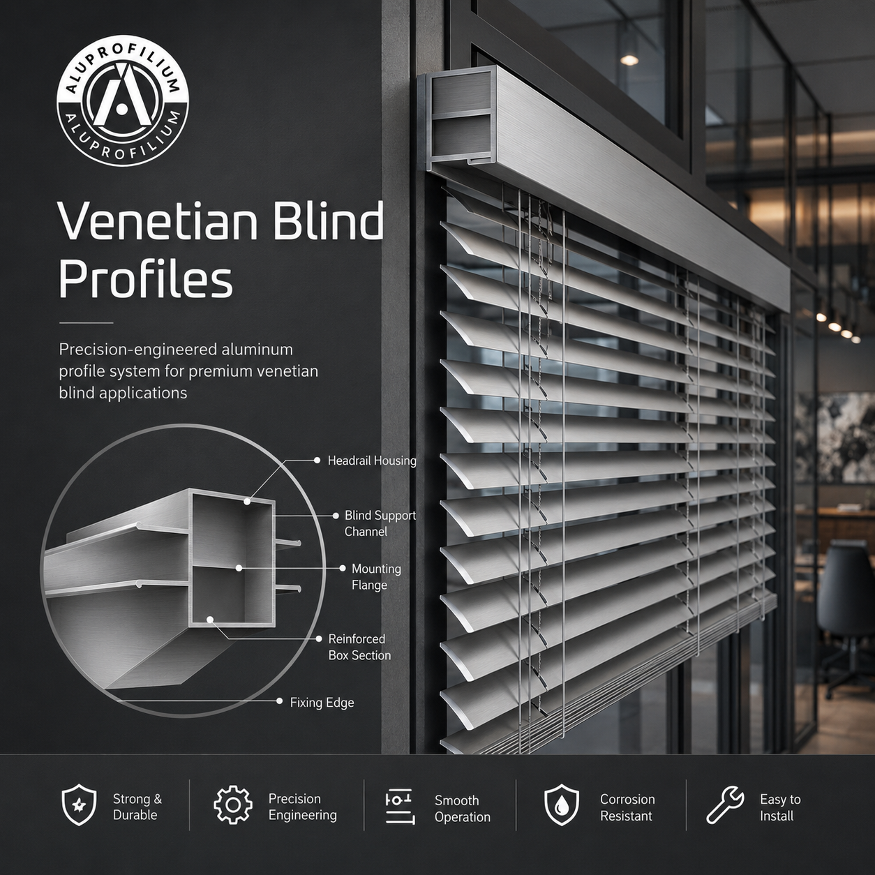Venetian blind aluminium profiles used in an architectural shading application