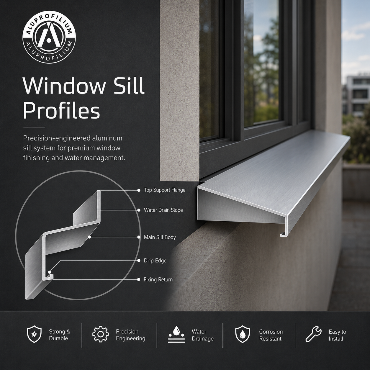 Window sill aluminium profiles used in an architectural window application