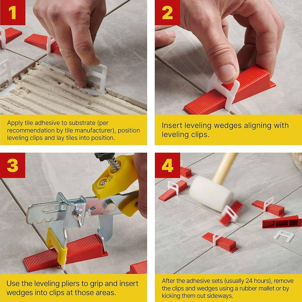 Tile leveling clips and wedges positioned between large-format tiles