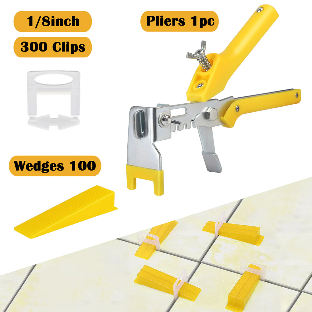 Tile leveling system kit with wedges, clips and pliers