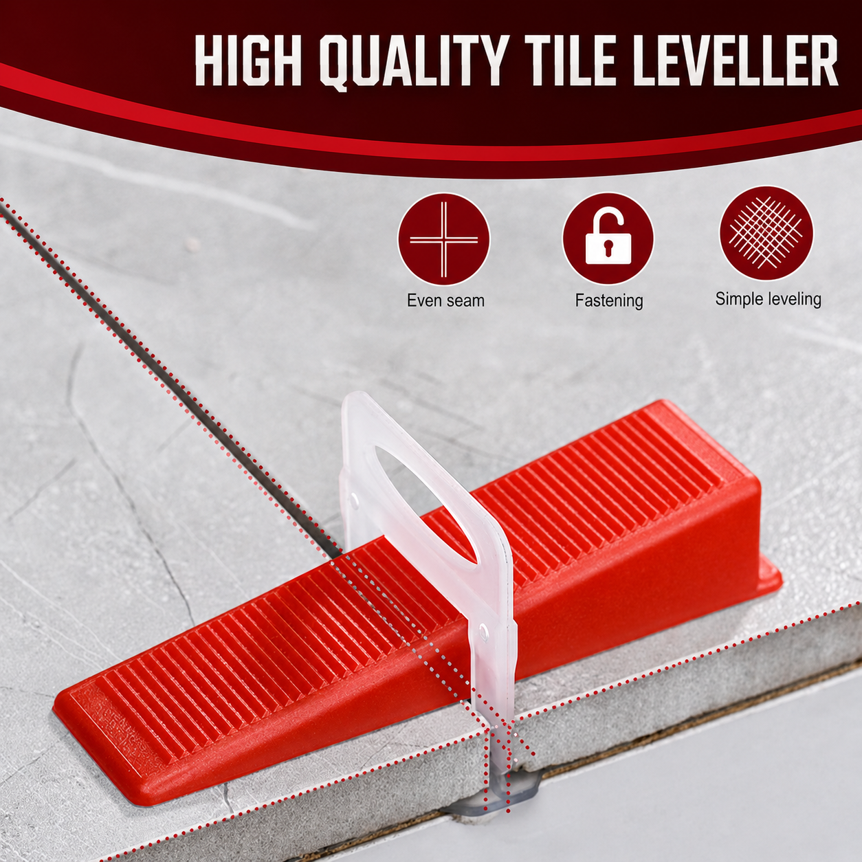 High quality tile leveler application visual with wedge and clip