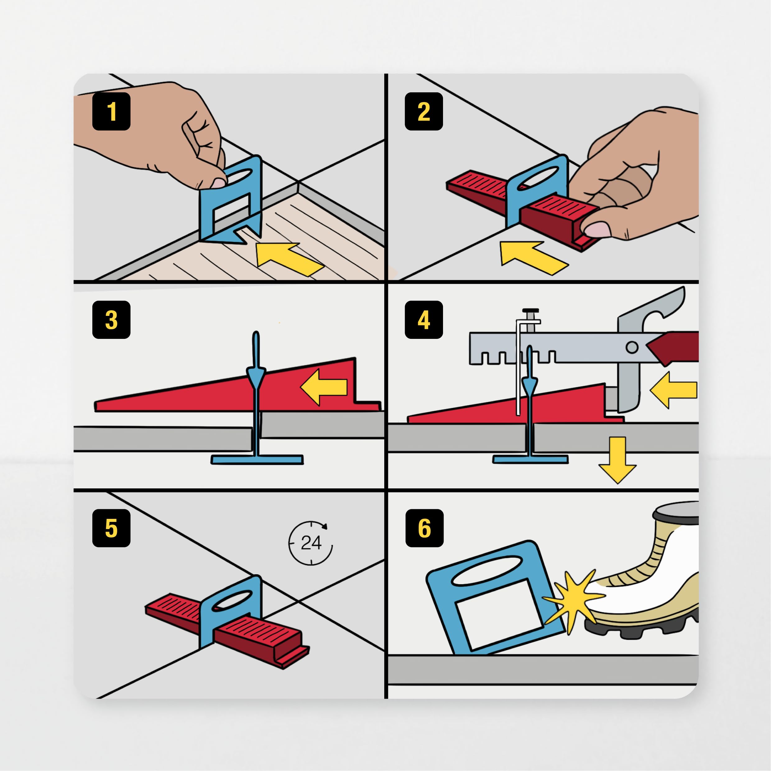 Illustrated tile leveling system usage sequence