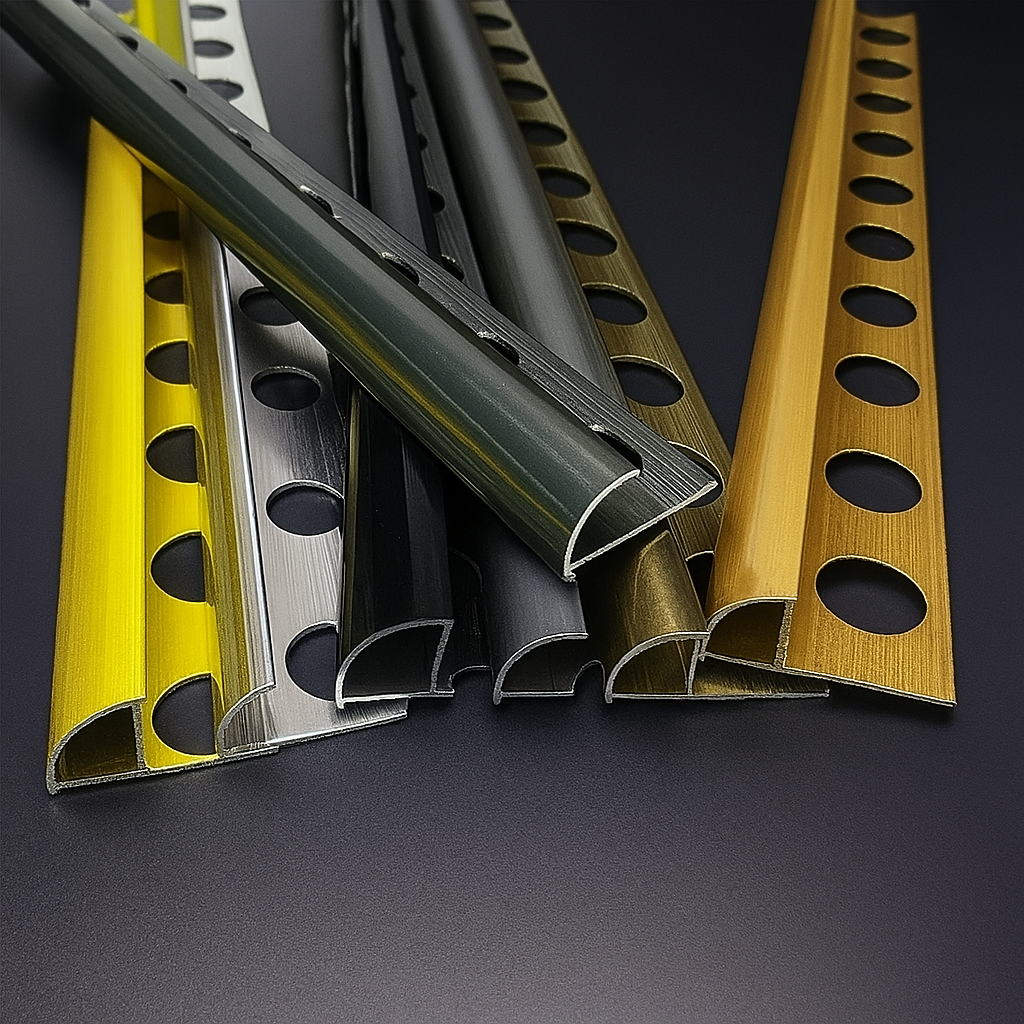 Assorted aluminium extrusion profiles in gold, silver, and black finishes — multi-finish decorative profiles by Aluprofilium